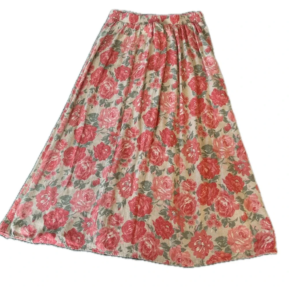 Vintage Floral Maxi Skirt Sz L Pink Rose Rayon A-Line Prarie Western Boho Fall